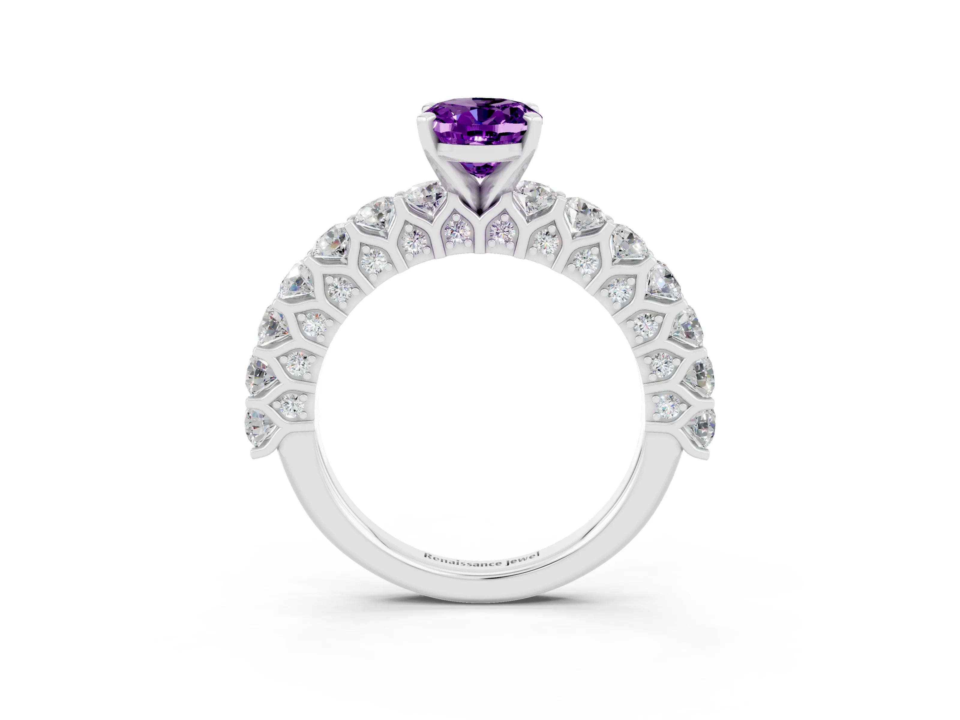 White gold Oval Cut Amethyst Solitaire Ring with Shared Prong Pavé Band and Four-Prong Setting_3