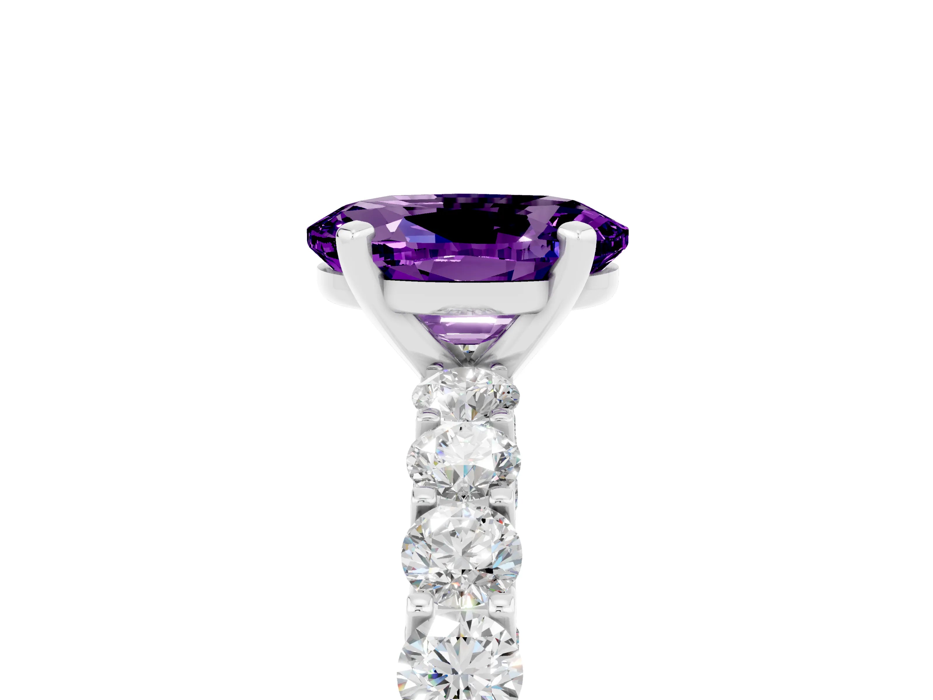 White gold Oval Cut Amethyst Solitaire Ring with Shared Prong Pavé Band and Four-Prong Setting_5