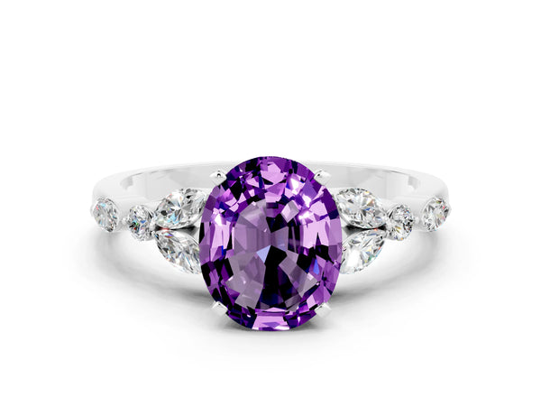 Platinum Oval Cut Amethyst Solitaire Ring with Side Stones and Four-Prong Setting