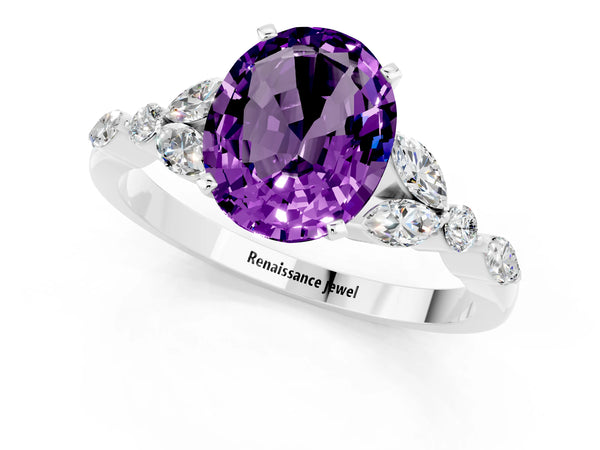 Silver Oval Cut Amethyst Solitaire Ring with Side Stones and Four-Prong Setting