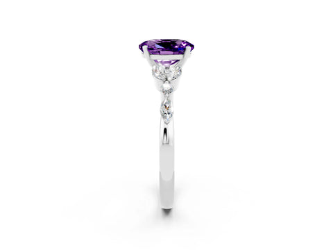 White gold Oval Cut Amethyst Solitaire Ring with Side Stones and Four-Prong Setting_14