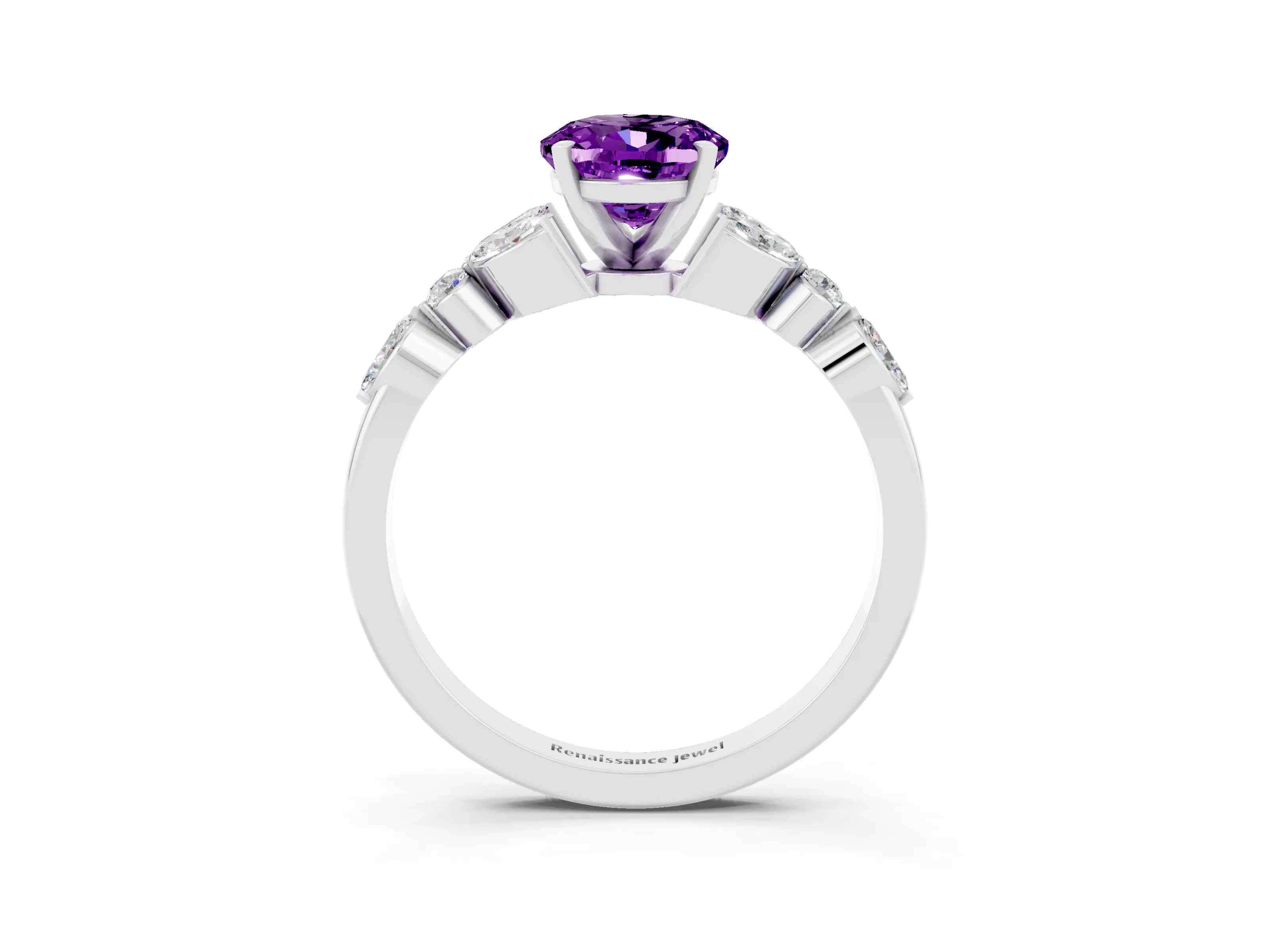 White gold Oval Cut Amethyst Solitaire Ring with Side Stones and Four-Prong Setting_15