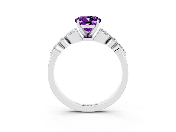 Silver Oval Cut Amethyst Solitaire Ring with Side Stones and Four-Prong Setting