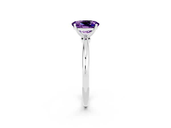 Platinum Oval Cut Amethyst Solitaire Ring with Six-Prong Setting and Classic Band