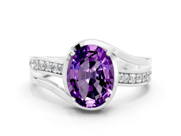 Platinum Oval Cut Amethyst Solitaire Ring with Split Shank and Prong Setting