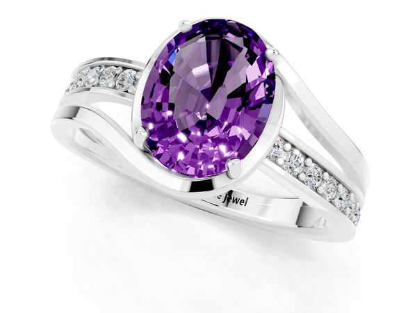 Silver Oval Cut Amethyst Solitaire Ring with Split Shank and Prong Setting