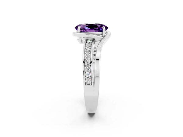 Platinum Oval Cut Amethyst Solitaire Ring with Split Shank and Prong Setting