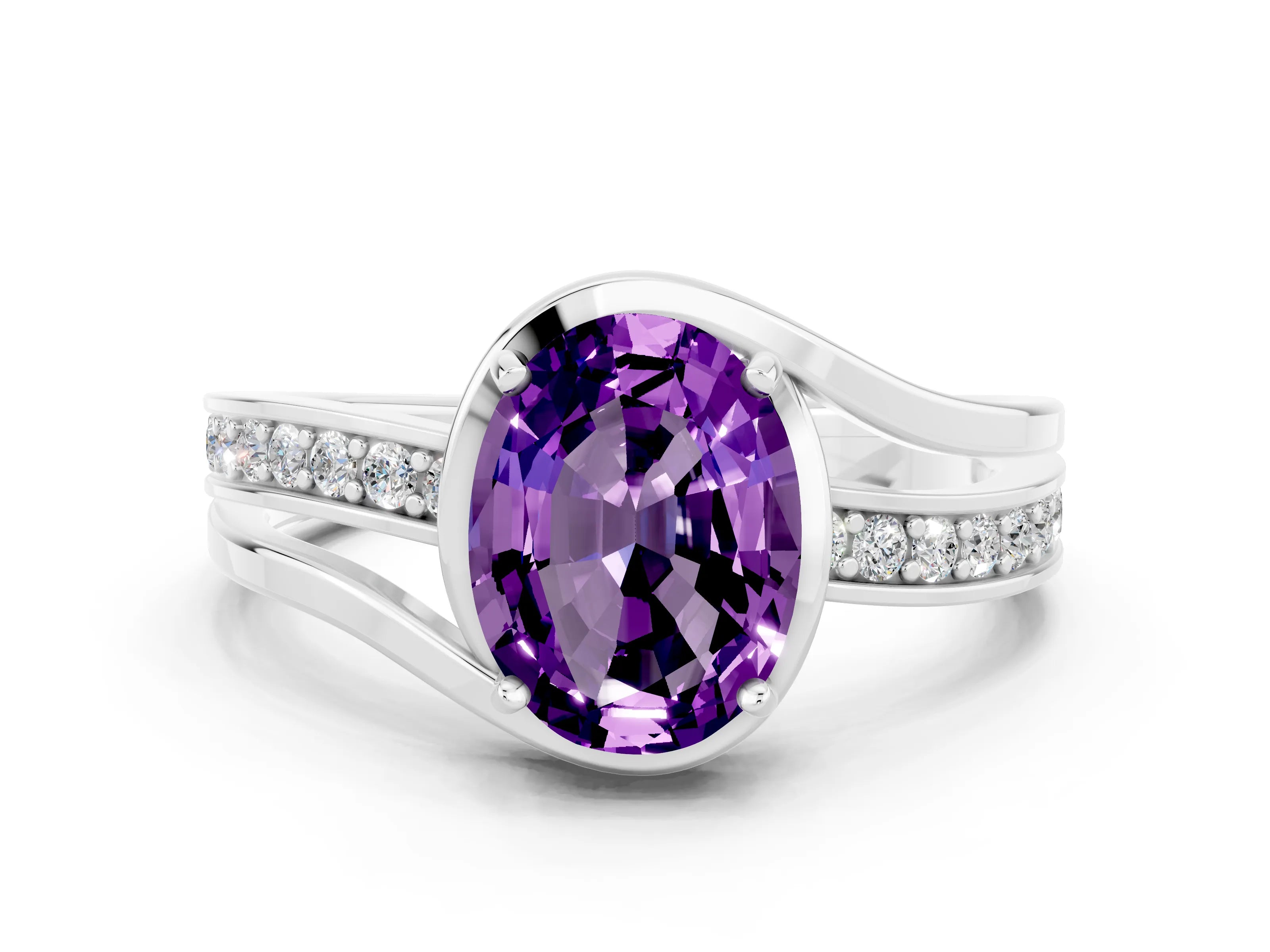 White gold Oval Cut Amethyst Solitaire Ring with Split Shank and Prong Setting