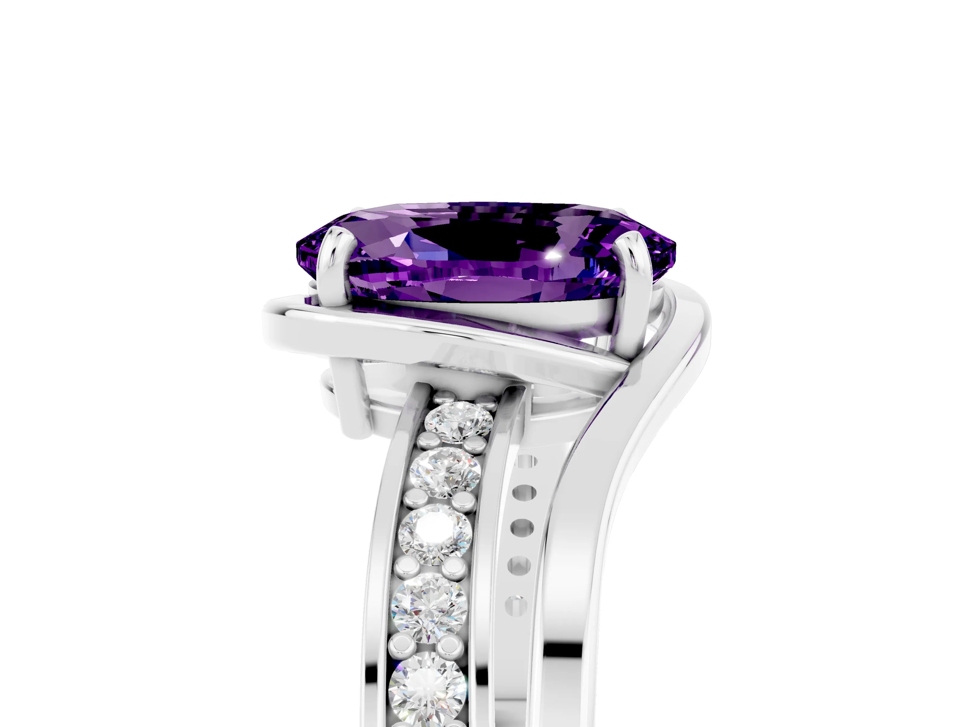 White gold Oval Cut Amethyst Solitaire Ring with Split Shank and Prong Setting_5