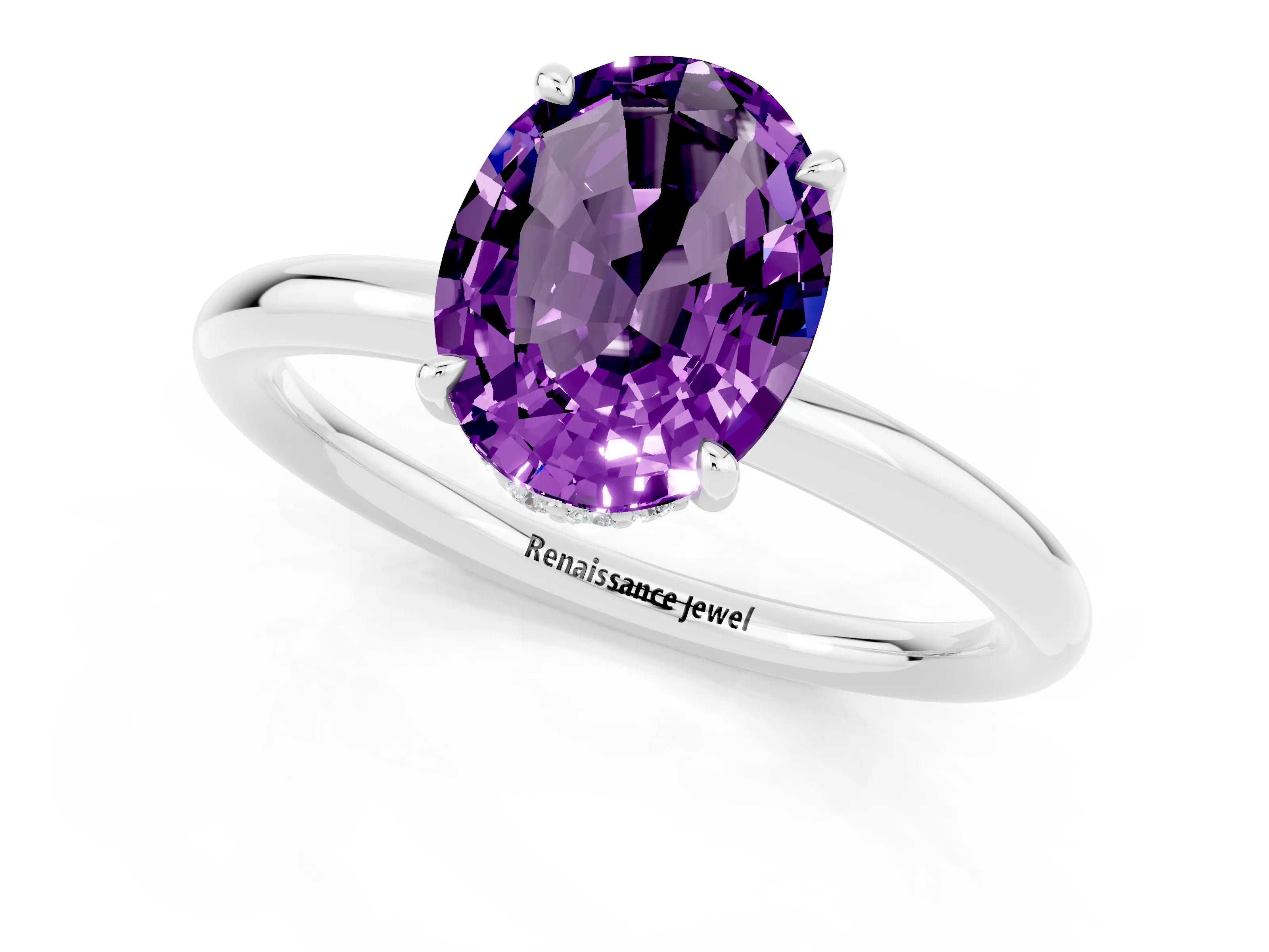 White gold Oval Cut Amethyst Solitaire Ring with Thin Band and Four-Prong Setting_13