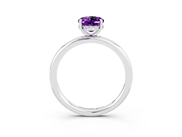 Platinum Oval Cut Amethyst Solitaire Ring with Thin Band and Four-Prong Setting