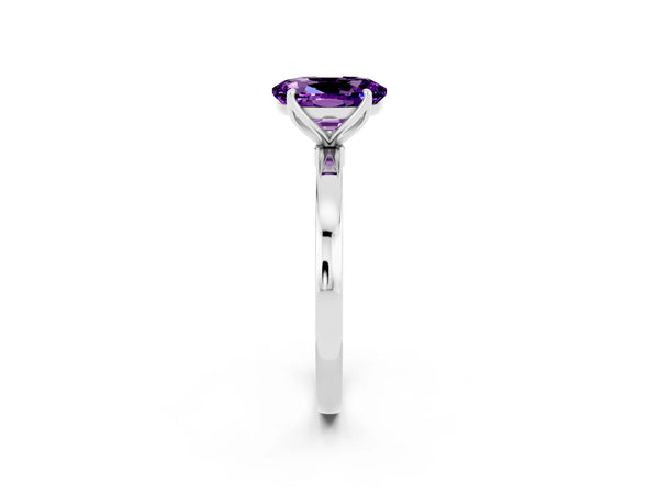 Platinum Oval Cut Amethyst Solitaire Ring with Thin Band and Prong Setting
