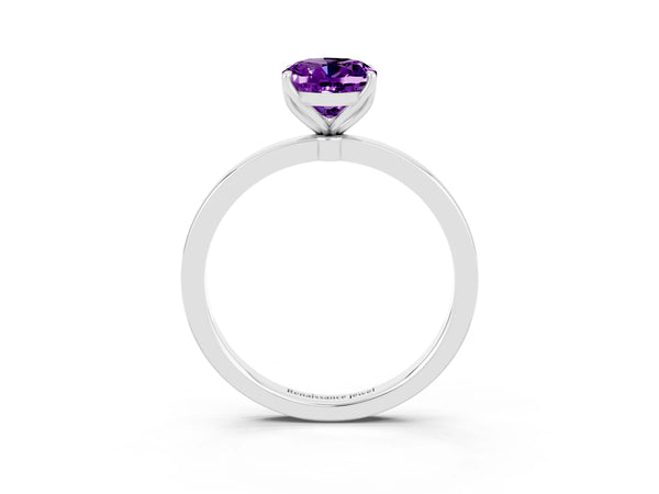 Platinum Oval Cut Amethyst Solitaire Ring with Thin Band and Prong Setting