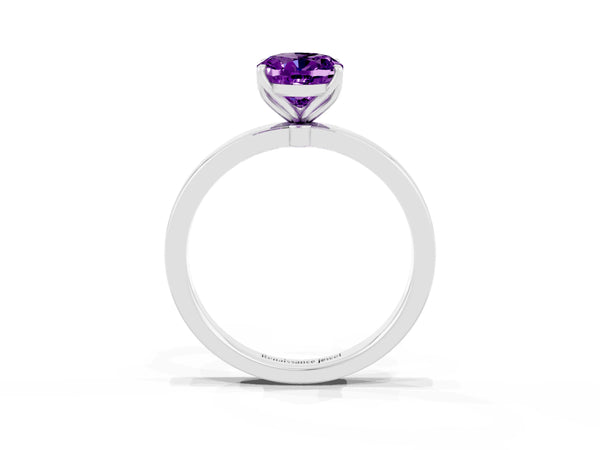 White gold Oval Cut Amethyst Solitaire Ring with Thin Band and Prong Setting