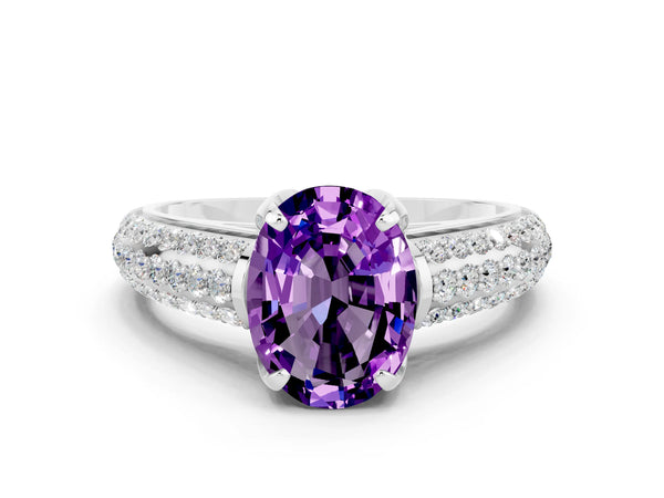 White gold Oval Cut Amethyst Solitaire Ring with Three-Row Pavé Band and Four-Prong Setting