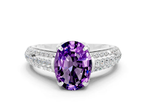 White gold Oval Cut Amethyst Solitaire Ring with Three-Row Pavé Band and Four-Prong Setting_12