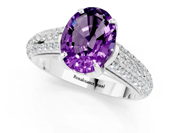 Platinum Oval Cut Amethyst Solitaire Ring with Three-Row Pavé Band and Four-Prong Setting