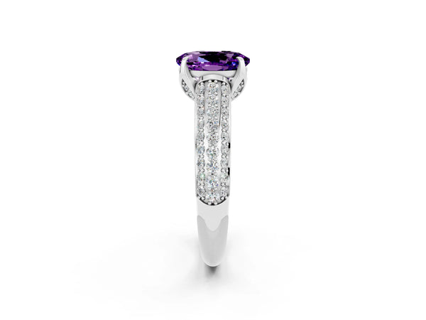White gold Oval Cut Amethyst Solitaire Ring with Three-Row Pavé Band and Four-Prong Setting