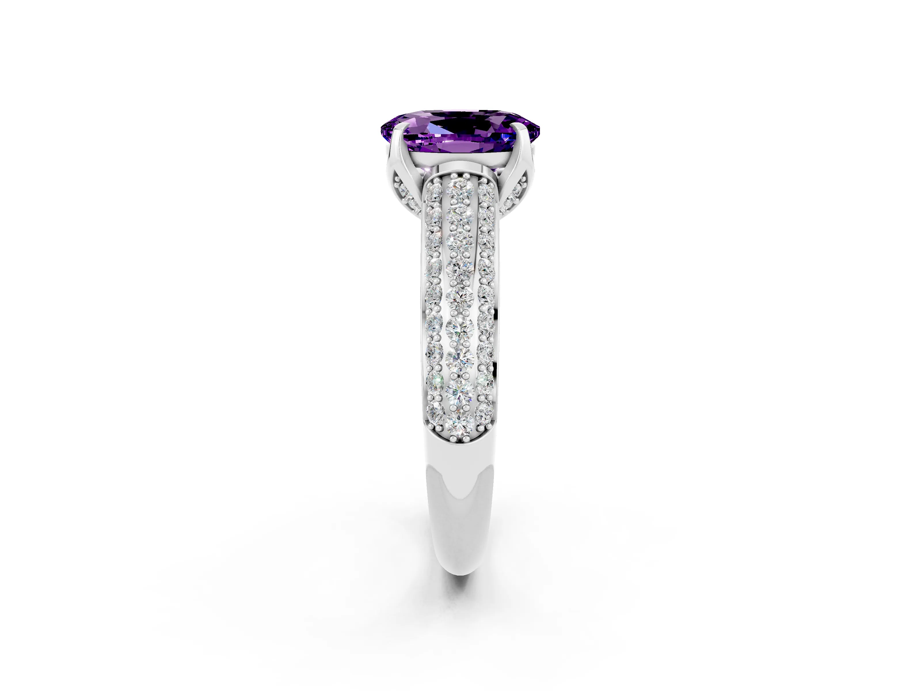 White gold Oval Cut Amethyst Solitaire Ring with Three-Row Pavé Band and Four-Prong Setting_14