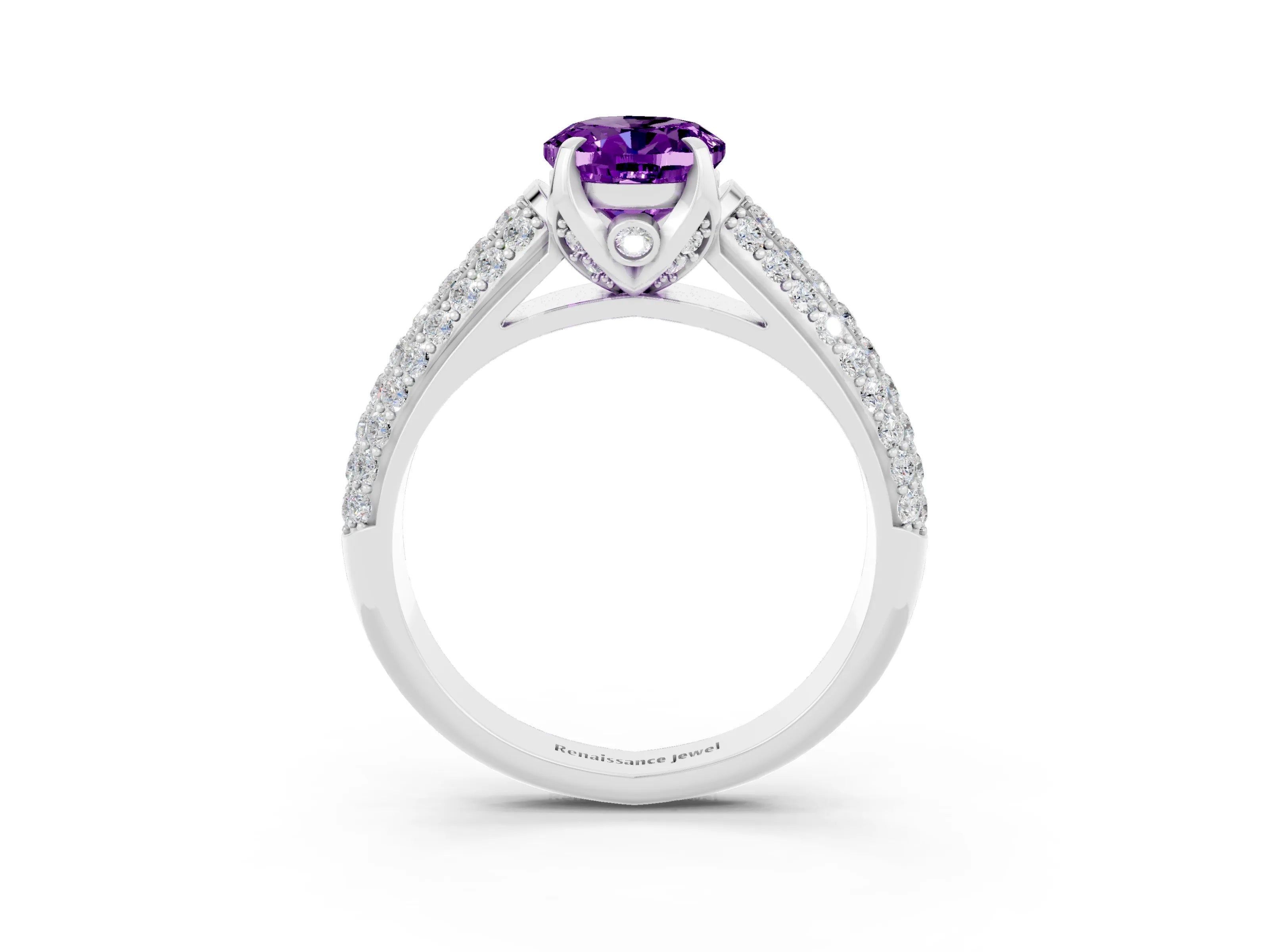 White gold Oval Cut Amethyst Solitaire Ring with Three-Row Pavé Band and Four-Prong Setting_15