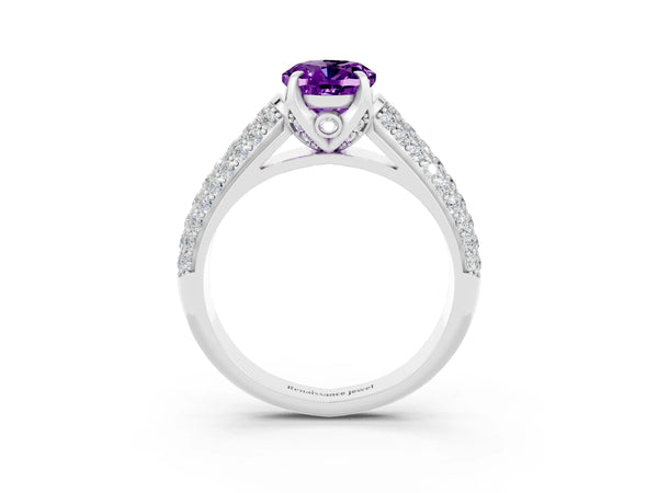 Silver Oval Cut Amethyst Solitaire Ring with Three-Row Pavé Band and Four-Prong Setting