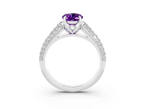 White gold Oval Cut Amethyst Solitaire Ring with Three-Row Pavé Band and Four-Prong Setting_15