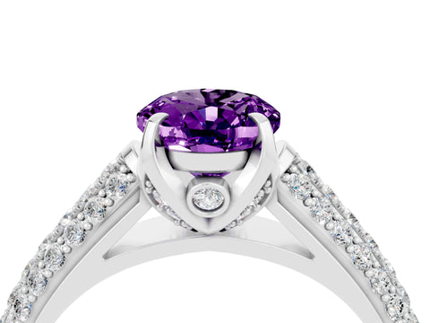 White gold Oval Cut Amethyst Solitaire Ring with Three-Row Pavé Band and Four-Prong Setting_16