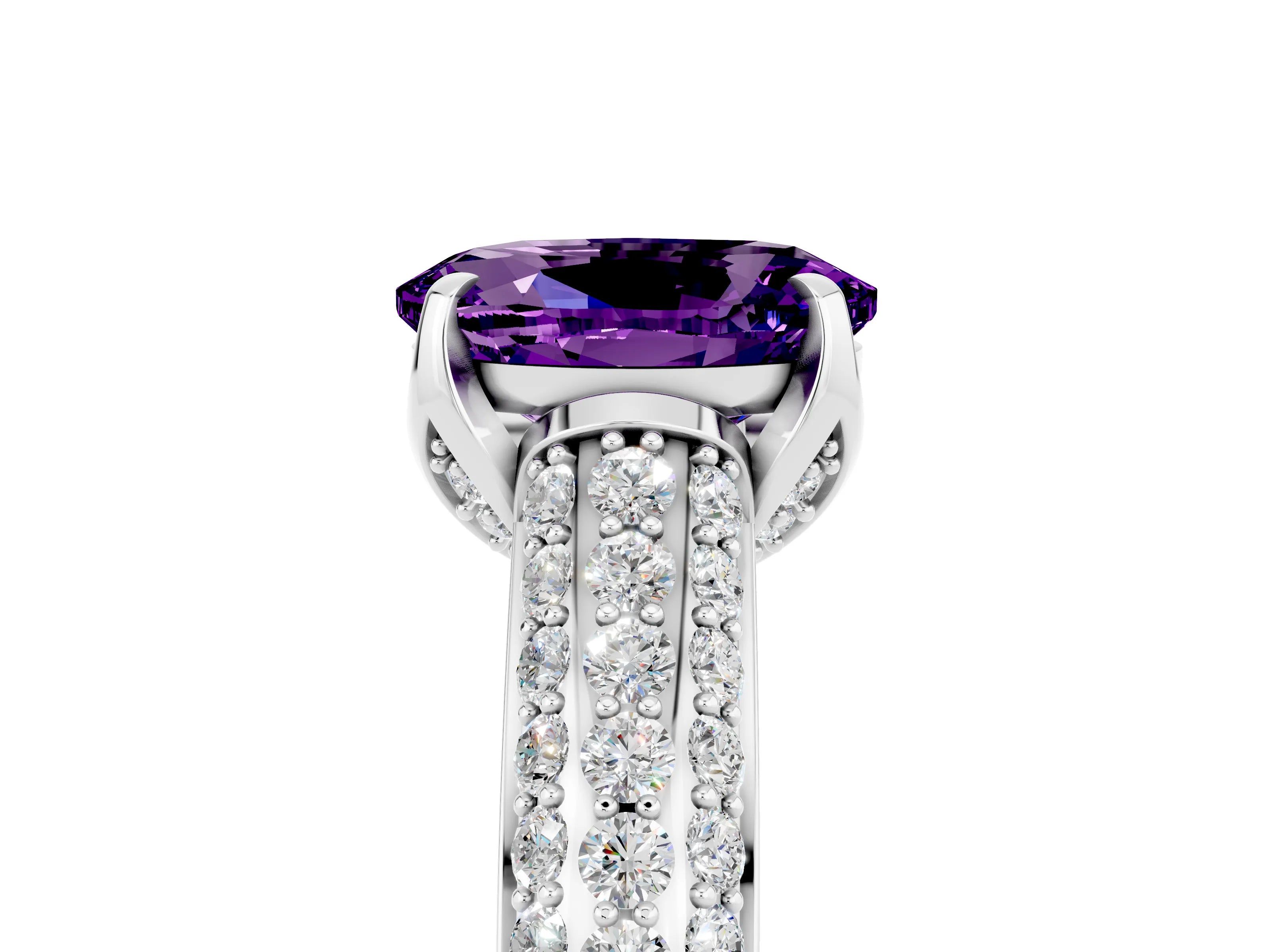White gold Oval Cut Amethyst Solitaire Ring with Three-Row Pavé Band and Four-Prong Setting_17