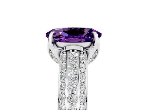 White gold Oval Cut Amethyst Solitaire Ring with Three-Row Pavé Band and Four-Prong Setting_17