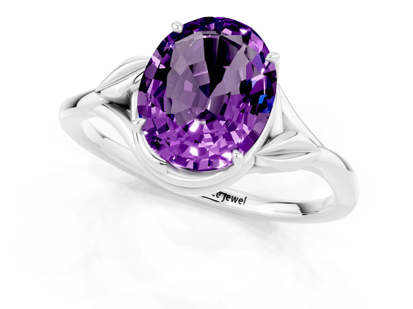 Silver Oval Cut Amethyst Solitaire Ring with Twist Band and Four-Prong Setting