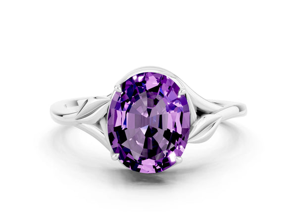 White gold Oval Cut Amethyst Solitaire Ring with Twist Band and Four-Prong Setting