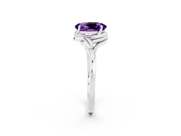 White gold Oval Cut Amethyst Solitaire Ring with Twist Band and Four-Prong Setting
