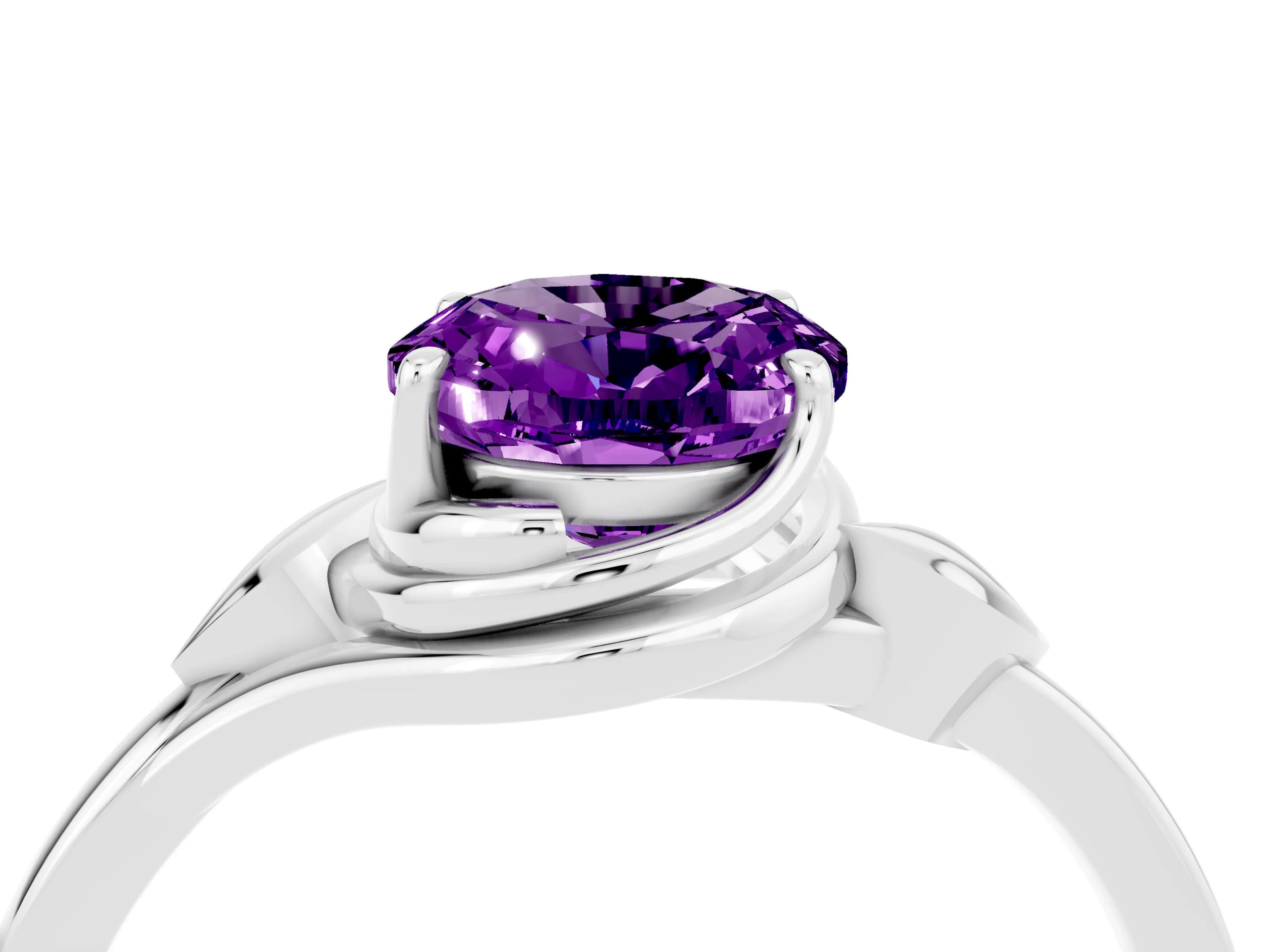 White gold Oval Cut Amethyst Solitaire Ring with Twist Band and Four-Prong Setting_40