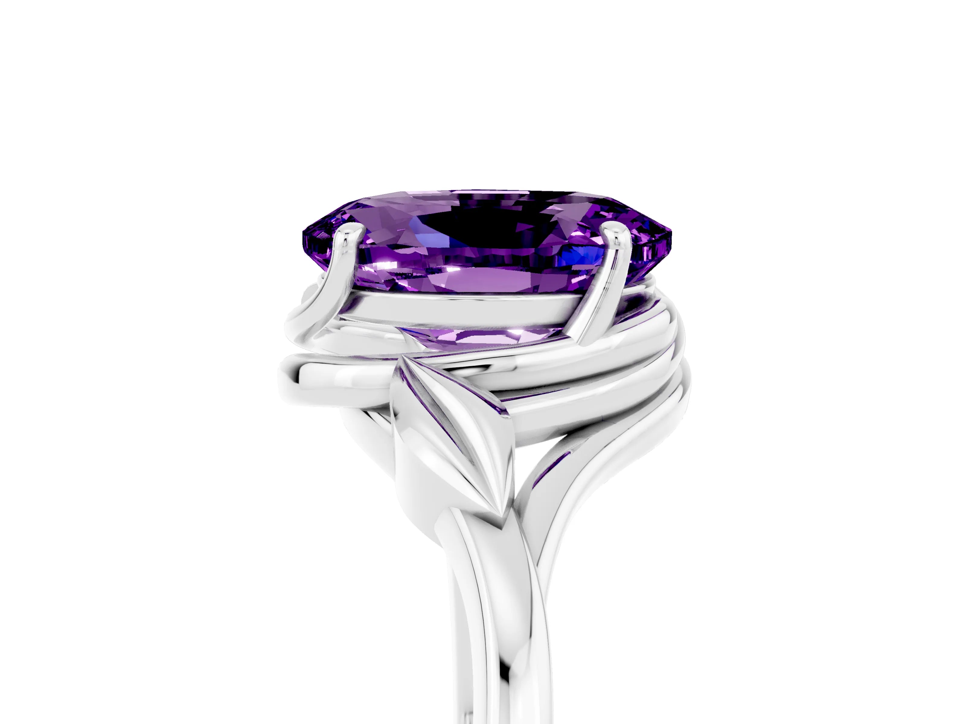 White gold Oval Cut Amethyst Solitaire Ring with Twist Band and Four-Prong Setting_41