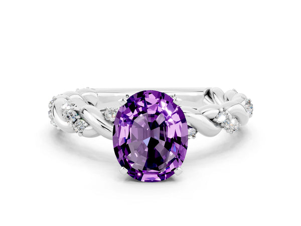 Platinum Oval Cut Amethyst Solitaire Ring with Twisted Band and Pavé Accents