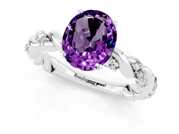 Platinum Oval Cut Amethyst Solitaire Ring with Twisted Band and Pavé Accents