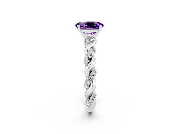 Platinum Oval Cut Amethyst Solitaire Ring with Twisted Band and Pavé Accents