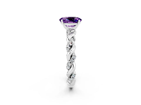 White gold Oval Cut Amethyst Solitaire Ring with Twisted Band and Pavé Accents_2