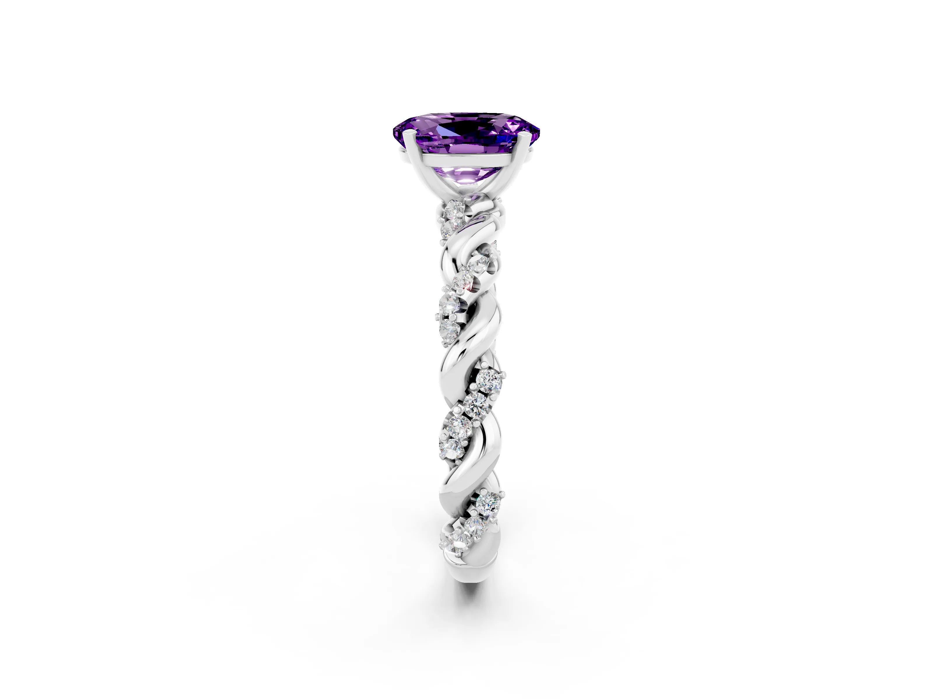 White gold Oval Cut Amethyst Solitaire Ring with Twisted Band and Pavé Accents_2