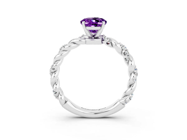 White gold Oval Cut Amethyst Solitaire Ring with Twisted Band and Pavé Accents