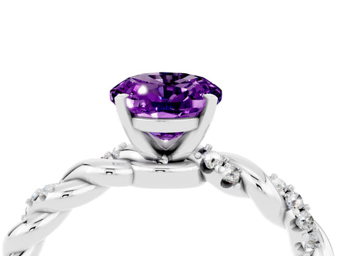 White gold Oval Cut Amethyst Solitaire Ring with Twisted Band and Pavé Accents_4