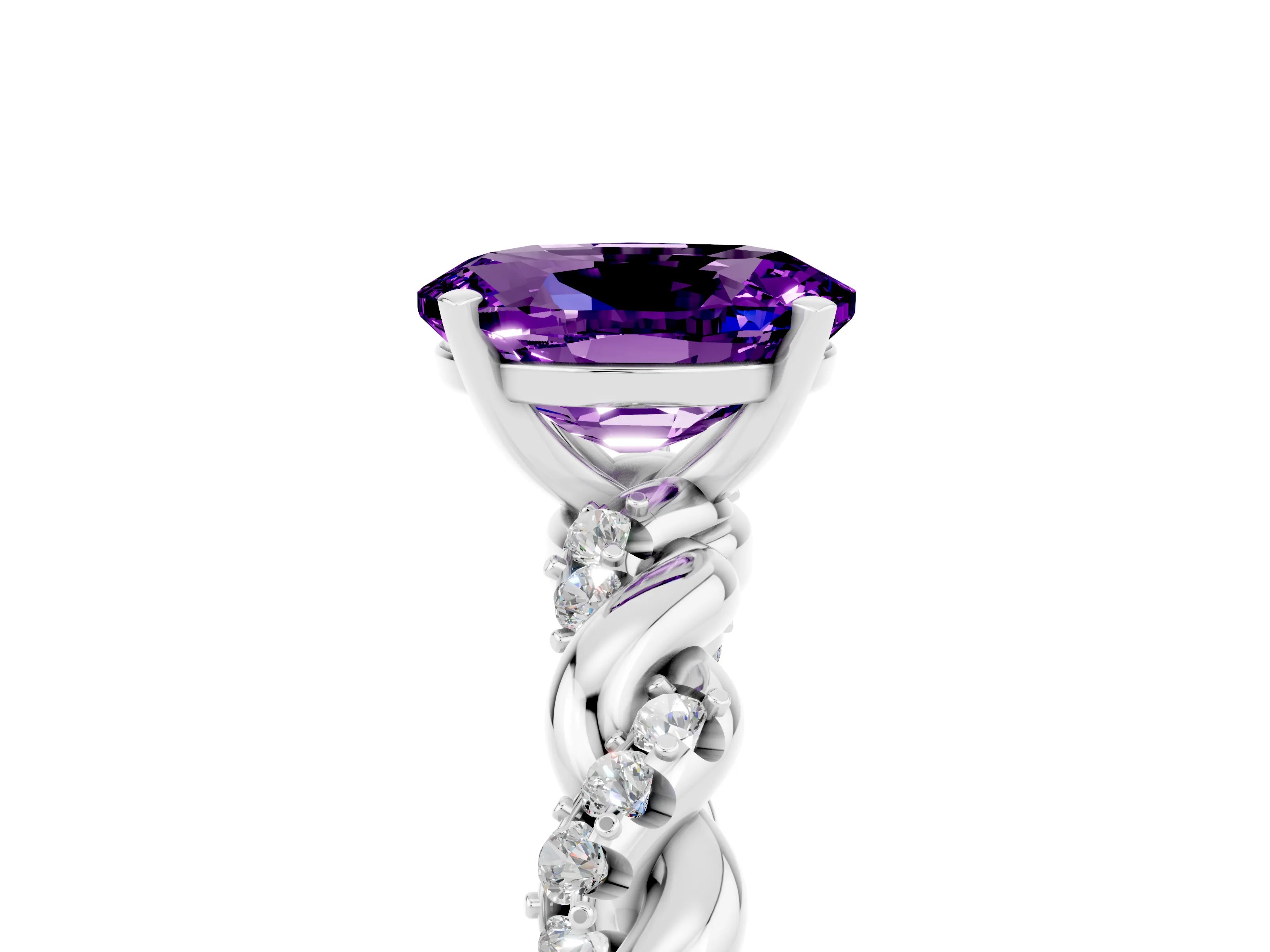 White gold Oval Cut Amethyst Solitaire Ring with Twisted Band and Pavé Accents_5