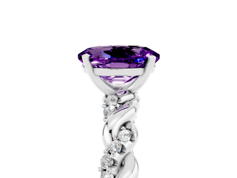 White gold Oval Cut Amethyst Solitaire Ring with Twisted Band and Pavé Accents_5
