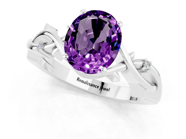 Platinum Oval Cut Amethyst Solitaire Ring with Twisted Band and Prong Setting