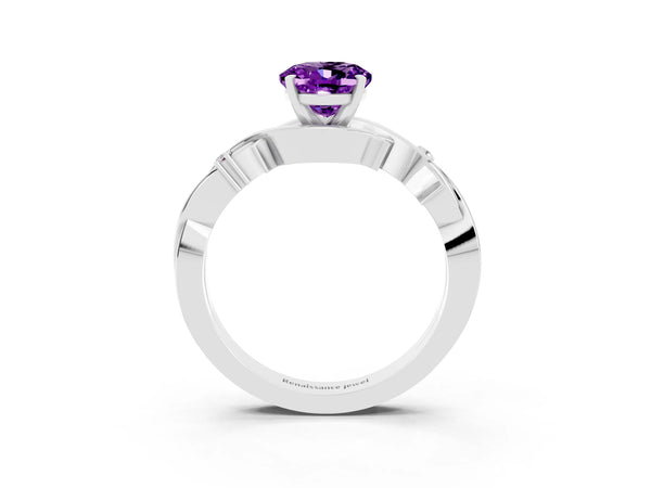 White gold Oval Cut Amethyst Solitaire Ring with Twisted Band and Prong Setting