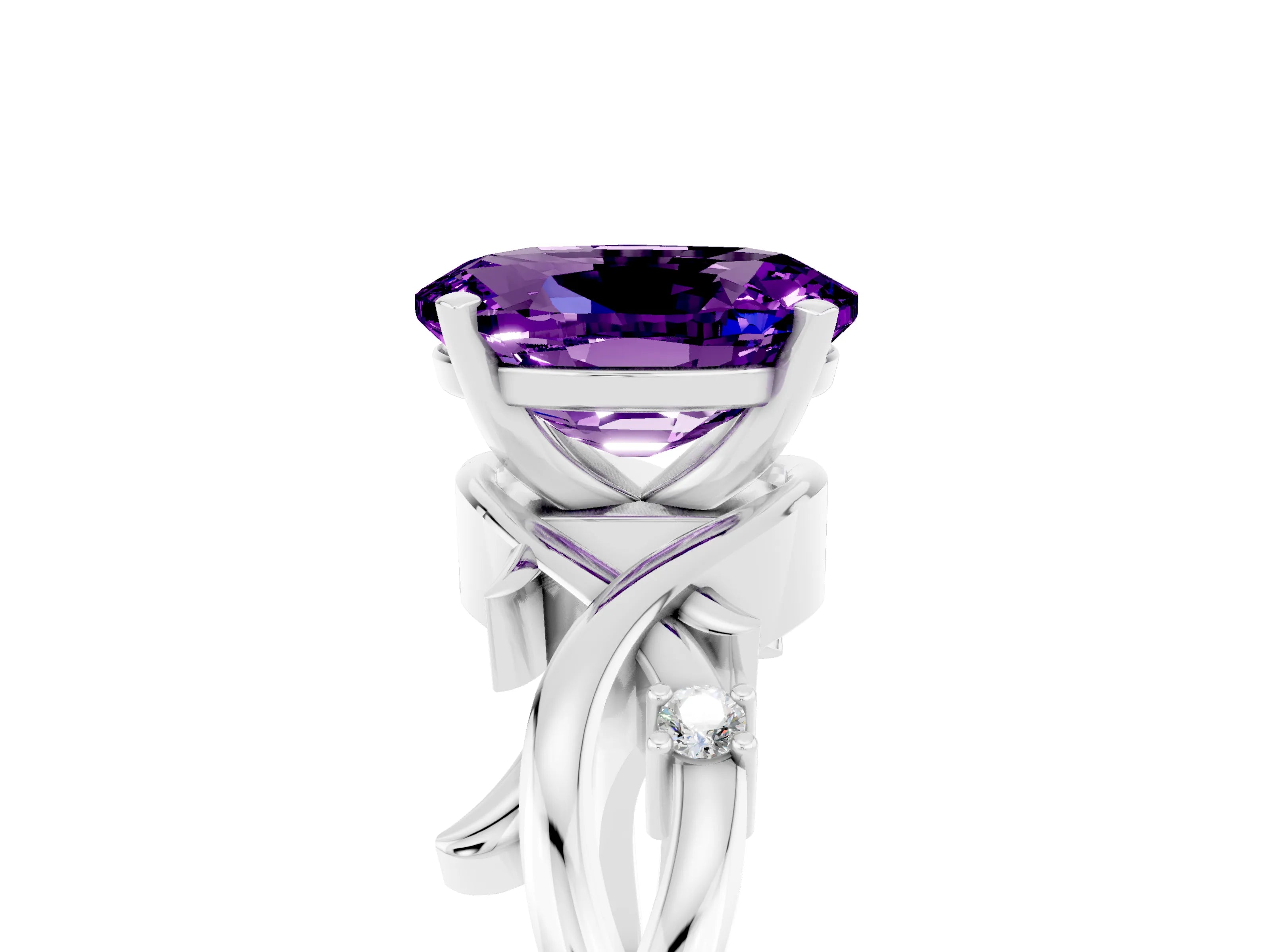 White gold Oval Cut Amethyst Solitaire Ring with Twisted Band and Prong Setting_17