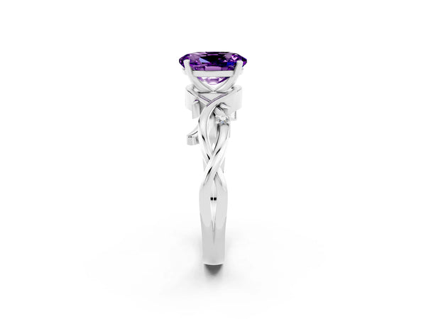 Silver Oval Cut Amethyst Solitaire Ring with Twisted Band and Prong Setting