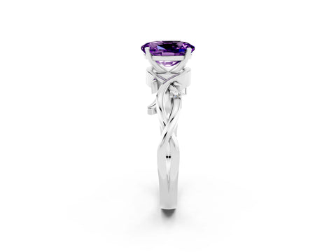 White gold Oval Cut Amethyst Solitaire Ring with Twisted Band and Prong Setting_2