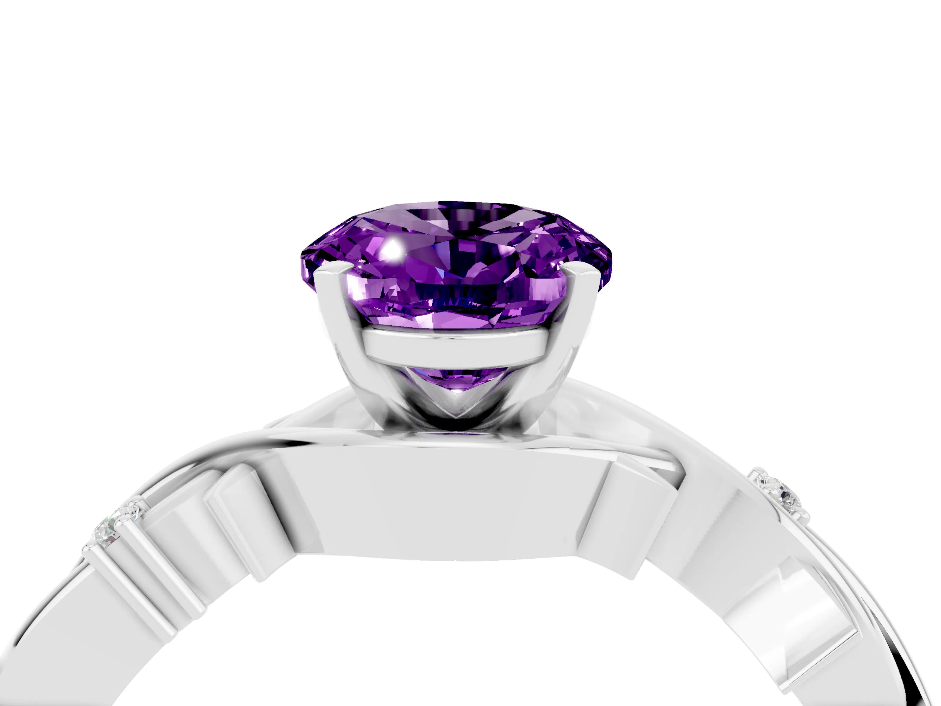 White gold Oval Cut Amethyst Solitaire Ring with Twisted Band and Prong Setting_4