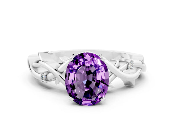 Platinum Oval Cut Amethyst Solitaire Ring with Twisted Band and Prong Setting